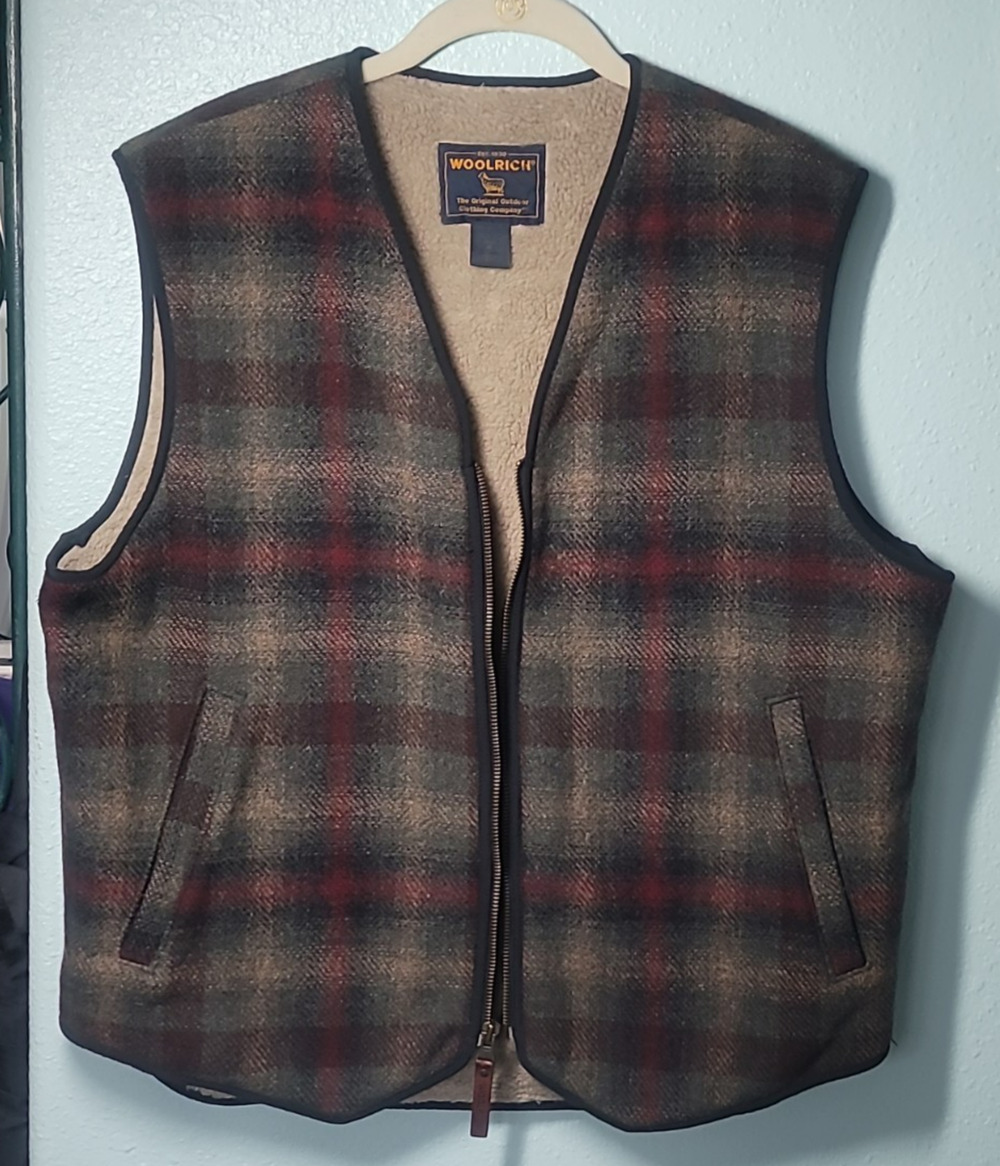 Woolrich Vest Mens Medium Green Red Shadow Plaid Wool Sherpa Lined Granola Cabin